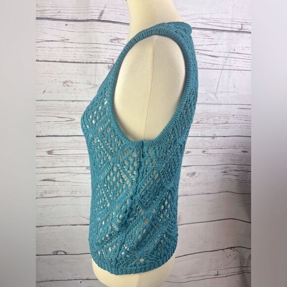 Women’s Teal Sweater Open Knit Tank Blouse - Picture 4 of 6